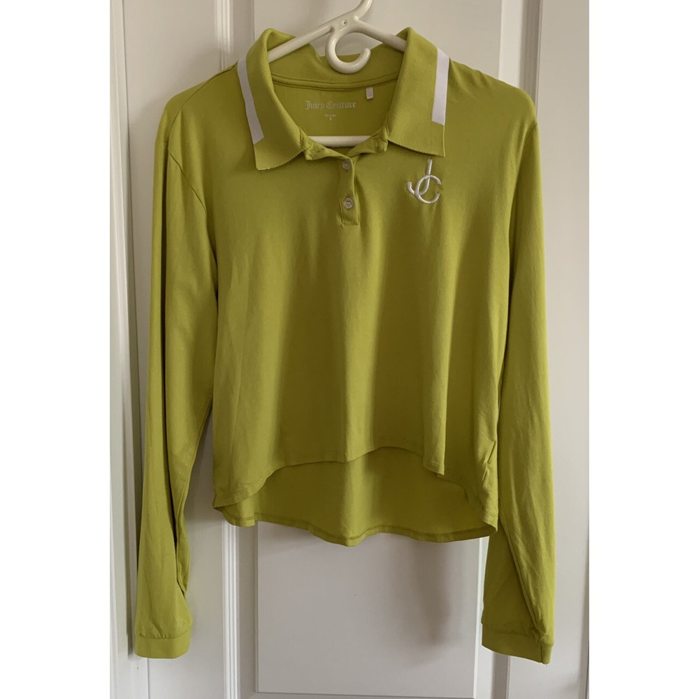 Juicy Couture Women's Limeade Polo Crop Top Pull-Over Sz Medium Logo Long Sleeve